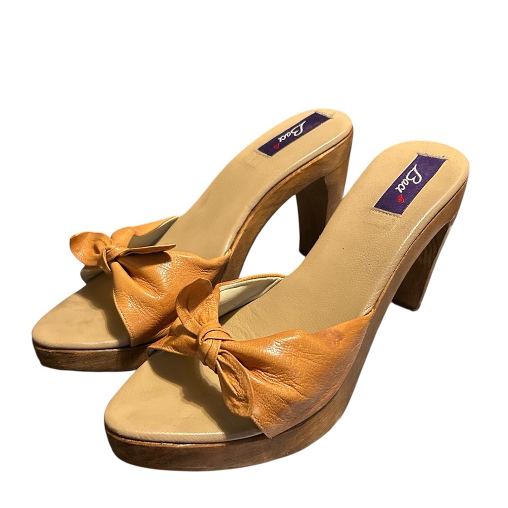 Y2K baci vintage 7.5 platform wood heel peep toe leather bow pin up boho Italy